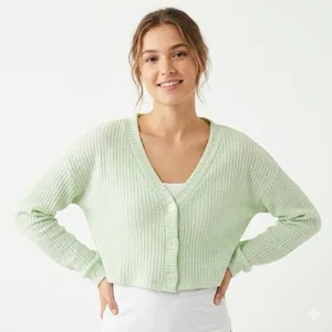 Shein Mint Green Waffle Knit Cropped Button Cardigan Sweater 1XL thumbnail 1