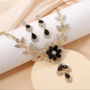Black Crystal Flower Women Earring Necklace Jewelry Sets Luxury Gold Color thumbnail 2