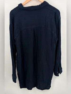 L.L. Bean cloud gaze cotton navy crinkle cover up button front shirt women’s XL thumbnail 5