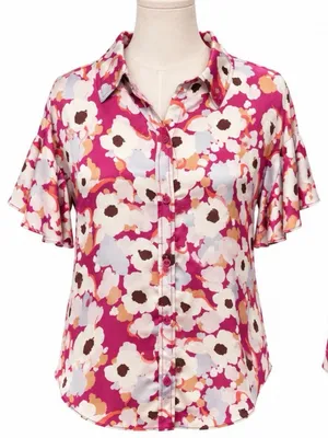 Joie Floral Button Front Blouse Medium Pink 100% Viscose High Low Satin Feel thumbnail 1