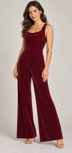 Gianni Bini Burgundy Ribbed Velvet Wide-Leg Jumpsuit thumbnail 1