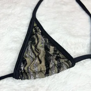 Black Mesh Silver Glitter Sequin Tiny Triangle String Bikini Top Size Small thumbnail 4
