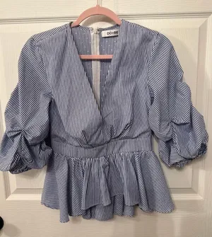 DO+BE Blue/White Boutique Pinstripe Ruffled Sleeve Plunge Top, S thumbnail 1