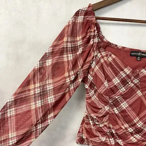 Almost Famous Womens Plaid Mesh Corset Top M Ruched Milkmaid Y2K Grunge Coquette thumbnail 5