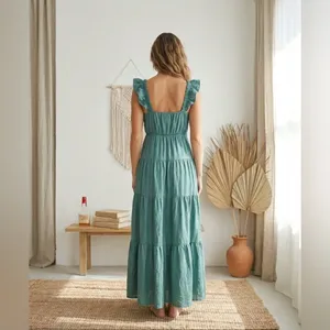 Davi & Dani Boho Minimalist Tiered Maxi Dress Teal Blue Flutter Sleeve Large thumbnail 3