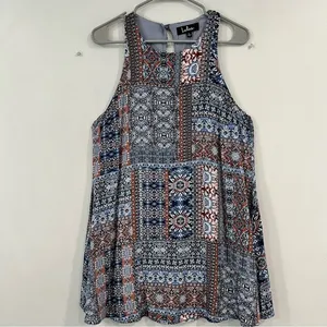 Lulus Design‎ Major Grey Blue Floral Boho Print Sleeveless Swing Dress LARGE thumbnail 5