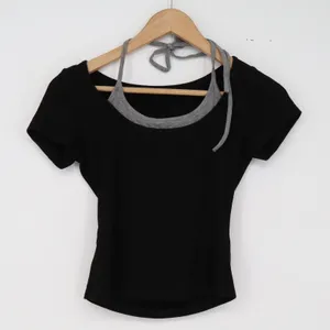 YI DENG Top Womens M Layered Halter Scoop Neck Black Grey Contrast Excellent thumbnail 1