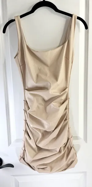 Naked Wardrobe Faux Leather Ruched Mini Dress in Beige thumbnail 1