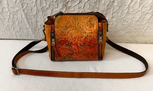 Vintage Leather Women's Purse Floral Embossed Crossbody Bag Small Shoulder Brown thumbnail 1
