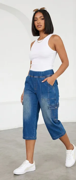 Urban Breeze Indigo Cargo Capris | Street Chic Summer Utility thumbnail 1