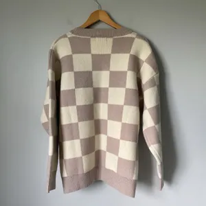 Bohme Boutique Knit Boho Sweater Crewneck Checkered Pattern Brown Cream Size Med thumbnail 2