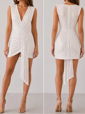 Peace + Love White Sequin Wrap Bridal Bachelorette Cocktail V-Neck Mini Dress thumbnail 2
