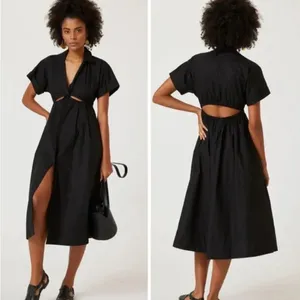 Anthropologie Twist Waist cutout midi Shirtdress black pull on poplin cotton XS thumbnail 4