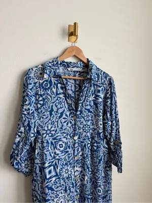 Zara Blue Printed Midi Shirt Dress Button Front Flowy Medium thumbnail 3