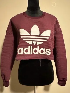 EUC Adidas Burgundy and White Long Sleeve Graphic Cropped Sweater size small thumbnail 1