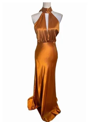 Something Navy Orange Halter Cutout Formal Bridesmaid Wedding Guest Gown Size S thumbnail 3