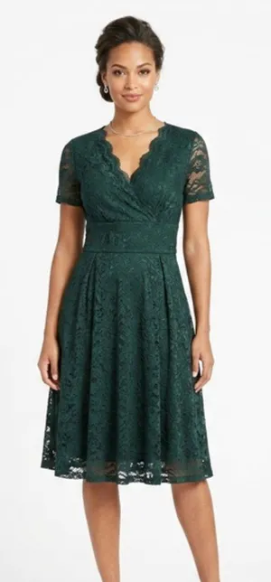 JJ's House Dark Green V-Neck Pleated Lace Dress thumbnail 1