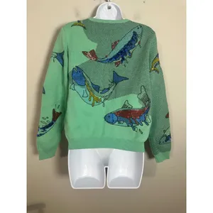 Vintage Style Mint Green Sequin Beaded Fish Knit Crewneck Sweater Large thumbnail 5
