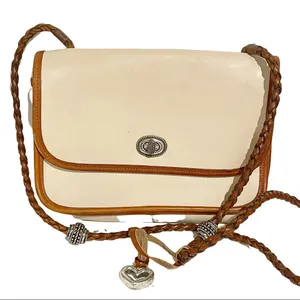Brighton Vintage Leather Beige Cream‎ Pebbled Brown Trim Braided Crossbody Bag thumbnail 1