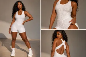 White Textured Scrunch Romper | Open Back Activewear thumbnail 2