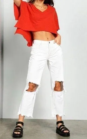 Free People | We The Free Maggie Mid Rise Distressed Straight Jeans White 28 thumbnail 1