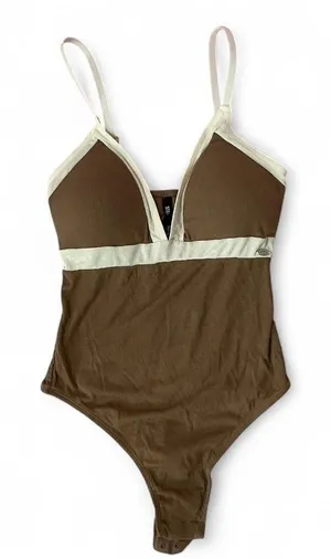 Steve‎ Madden Brown Ribbed Plunge Bodysuit Sleeveless One Piece Swimsuit thumbnail 1