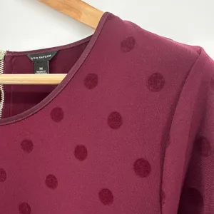 Ann Taylor Womens Medium Burgundy Velvet Polka Dot 3/4‎ Sleeve Blouse Back Zip thumbnail 2