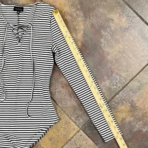 Who What Wear Black White Striped Lace Up Neck Long Sleeve Bodysuit XS thumbnail 4
