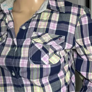 TOMMY HILFIGER Shirt Womens Small Purple Plaid Long Sleeve Button Front Top thumbnail 4