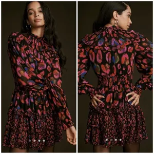 NWT FARM RIO Iridescent Leopard Print Ruffled Mini Dress In Multi‎ Color size XS thumbnail 2