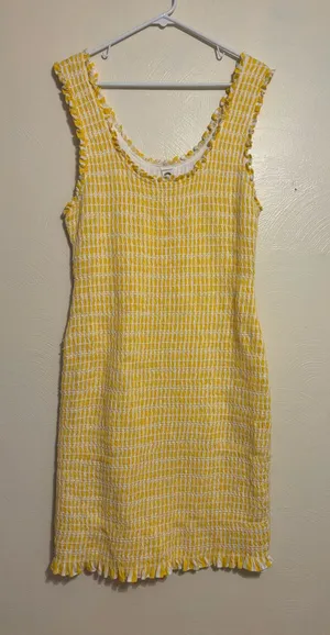 🌼 Anthropologie Akemi + Kin Yellow White Smocked Textured Dress XL thumbnail 1
