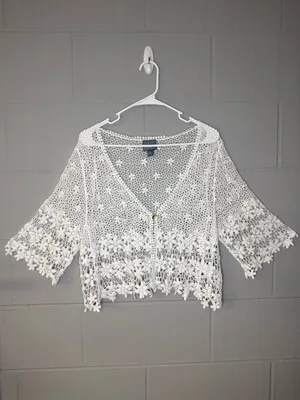 Vintage White Crochet Lace Cotton Cardigan Cover Up Women's XL Boho Cottagecore thumbnail 4