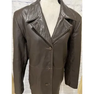 ALFANI Brown GENUINE LEATHER JACKET COAT Button Front Women's Large thumbnail 2