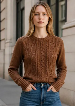 NWT J.Crew Pointelle cable-front  sweater Wool Blend Small Brown thumbnail 1