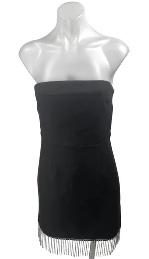 NEW Showpo. Black Shikita Strapless Bandeau Tube Fringe Hem Mini Dress Size 8 thumbnail 1