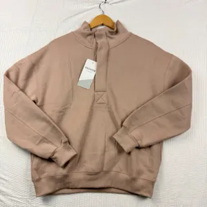 Fashion Be Yourself Tan Mock Neck Button Pullover Sweatshirt Women small thumbnail 2