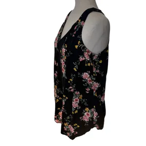 Old Navy Sleeveless Floral V-Neck Tank Top Black Pink Yellow Green M Tall thumbnail 2