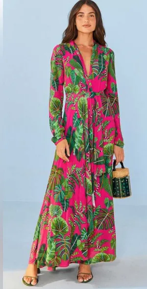Farm Rio Boho Tropical Print Long Sleeve Maxi Dress in Fuchsia Size Small thumbnail 1