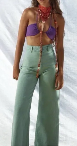 Zara Culotte Patch Pockets Marine Straight Jeans High Rise Sz 2 Sage Earthy Boho thumbnail 1