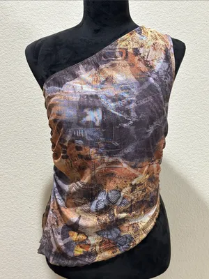 One-Shoulder Abstract Mesh Print Top - Brown & Purple Tones thumbnail 1