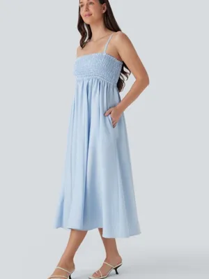 NWOT Halara Blue and White Shirred Stripe Midi Slip Dress thumbnail 3
