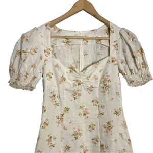 Reformation Gina 100% Linen Cream Floral Print Puff Sleeve Coquette Mini Dress 0 thumbnail 3