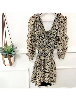 Anthropologie V-Neck Ruffle Cutout Mini Dress in Neutral Motif Size L thumbnail 2