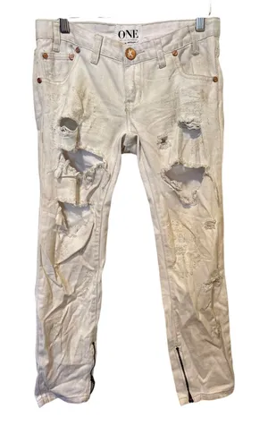 NWT One Teaspoon 26 Dirty White Trashed Freebirds Low Waist Straight Leg Jeans thumbnail 1