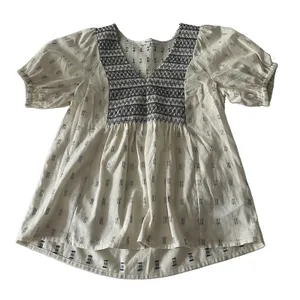 Madewell Embroidered Smocked V Neck Puff Sleeve Peasant Top Cream Navy XS thumbnail 2