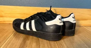 Adidas Shell Toe Leather Black and White Stripe Sneakers Men’s Size 6.5/Womens 8 thumbnail 9