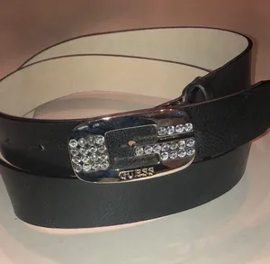 GUESS Black Leather Belt with Rhinestone Accent Buckle thumbnail 1