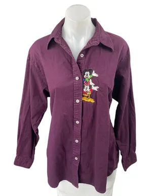 Mickey Unlimited Purple Embroidered Mickey Minnie Pluto Button Down Shirt Top M thumbnail 1