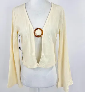 Callahan New Open Front Ring Bell Sleeve Ribbed Vera Top Creme thumbnail 6