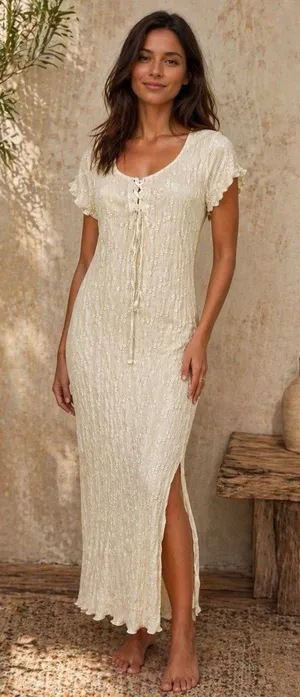 KIRIOUS Lace Up Midi Dress Cream Boho Sheer Lace Textured Slit Festival Beach S thumbnail 1